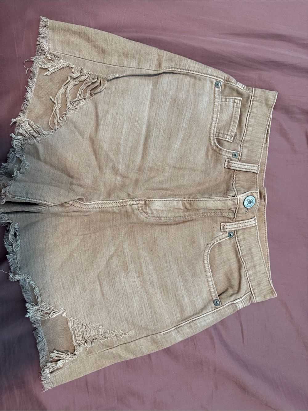 American Eagle Outfitters Beige Distressed High-Waist Denim Shorts